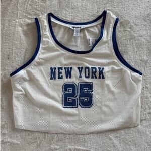RSQ Jersey Shirt New York 25 Crop Women's Small White Blue New